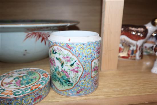 A 19th century Chinese famille rose basin, two jars and covers and a vase diameter 38cm